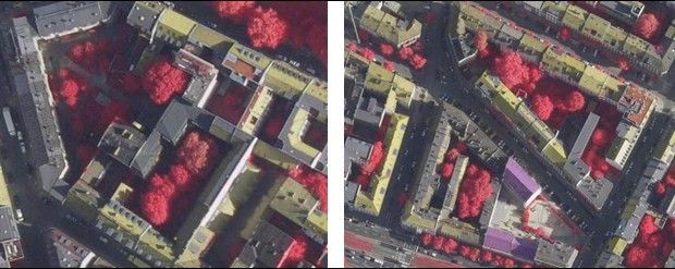 Fig. 4: “Closed block development, rear courtyard (1870s-1918), 5-storey” incl. old tree stocks (left: example from Gipsstraße to Sophienstraße; right: example north and south of Zehdenicker Straße, Background: digital and coloured ortho-photos 2010 (DOP20CIR, pseudocolouring)