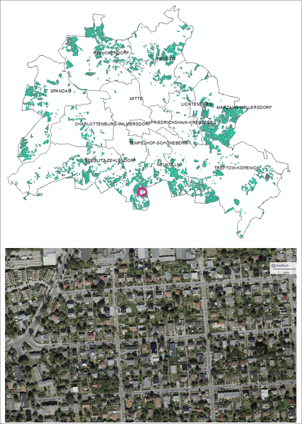 Fig. 5: top: Distribution of area types 22 “Row houses and duplexes” and 23 “Detached single-family homes with yards” in Berlin (red circle: location of the area depicted in the aerial photograph); bottom: Section of aerial photograph on the southern edge of the city (Lichtenrade suburb) 