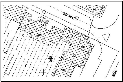 Abb. 1: Ausschnitt aus der Automatisierten Liegenschaftskarte ALK (Angabe der Gebäudegeschosse in römischen Zahlen)