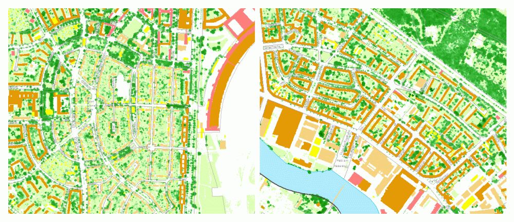 Enlarge photo: Fig. 20: Classification results in the area of loose, intensively green construction at the edge of the inner city (inside the Circle Line): Row-houses and duplexes with gardens in Neu-Tempelhof (left) and row-houses with landscaped residential greenery south of An der Wuhlheide in Treptow-Köpenick (right) (scale 1: 7500)