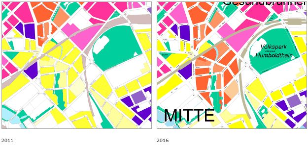 Fig. 3b: Availability development of near-residential public green spaces between 2011 and 2016 - Example 2: In the borough of Mitte, availibity deteriorated by one category, based on an increase of the population density in the area of the Panke, east of Chausseestraße and west of the S-Bahn line.