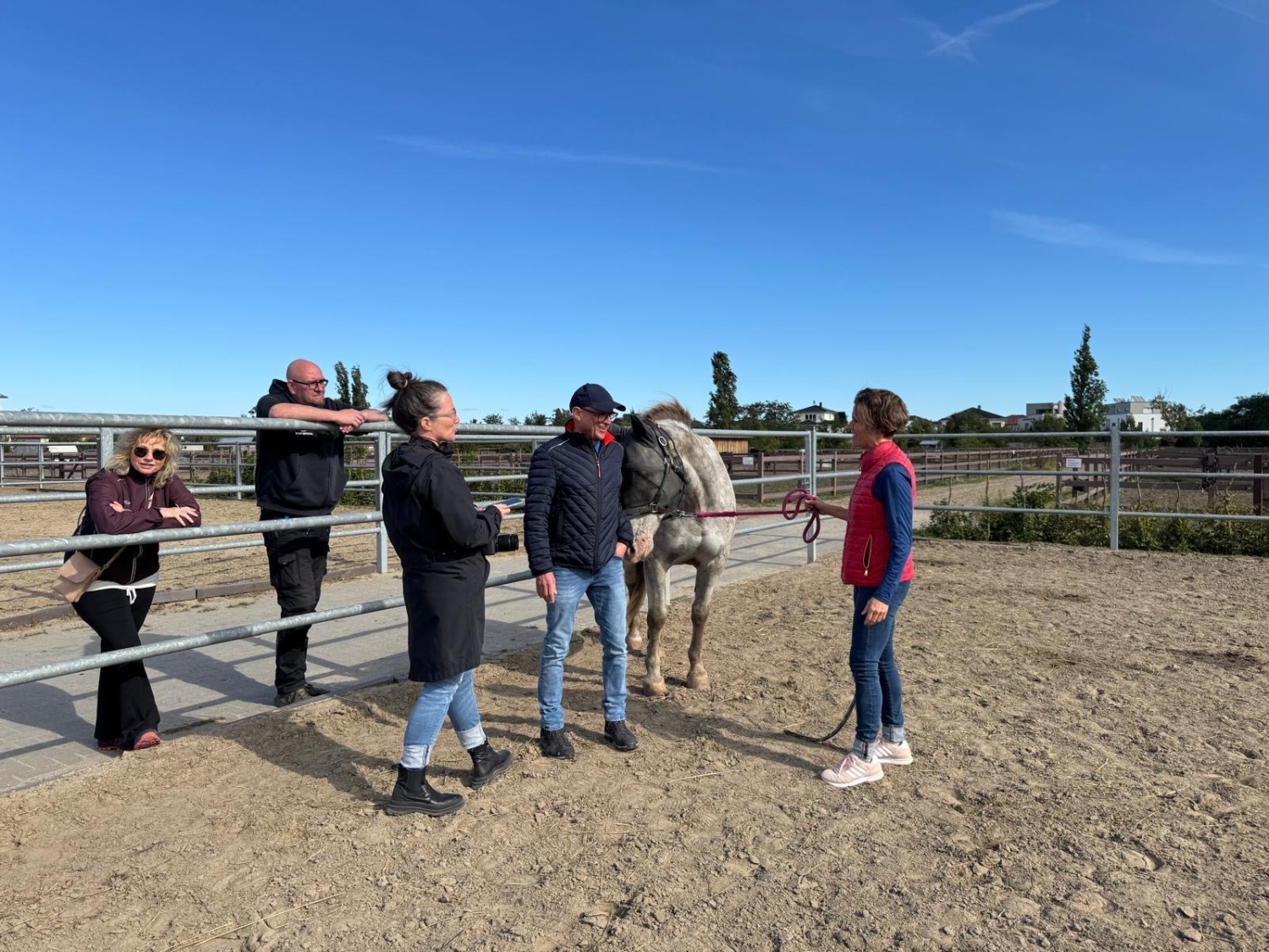 Gruppe auf Trainingsplatz mit Therapiepferd und Therapeutin