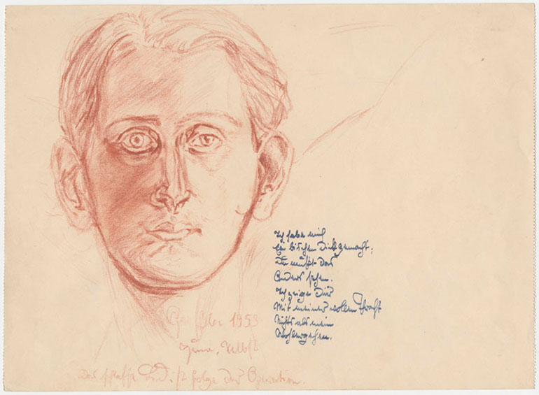 Uwe Greßmann · Zeichnung (Selbstportrait) und Text von Uwe Greßmann aus dem Jahre 1953