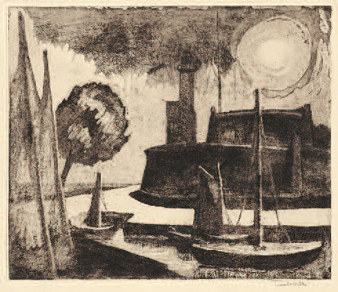 Herbert Tucholski: Leuchtturm (bei Kolbrzeg), 1954. Vernis-Mous und Aquatinta. 22,3 x 26,5 cm