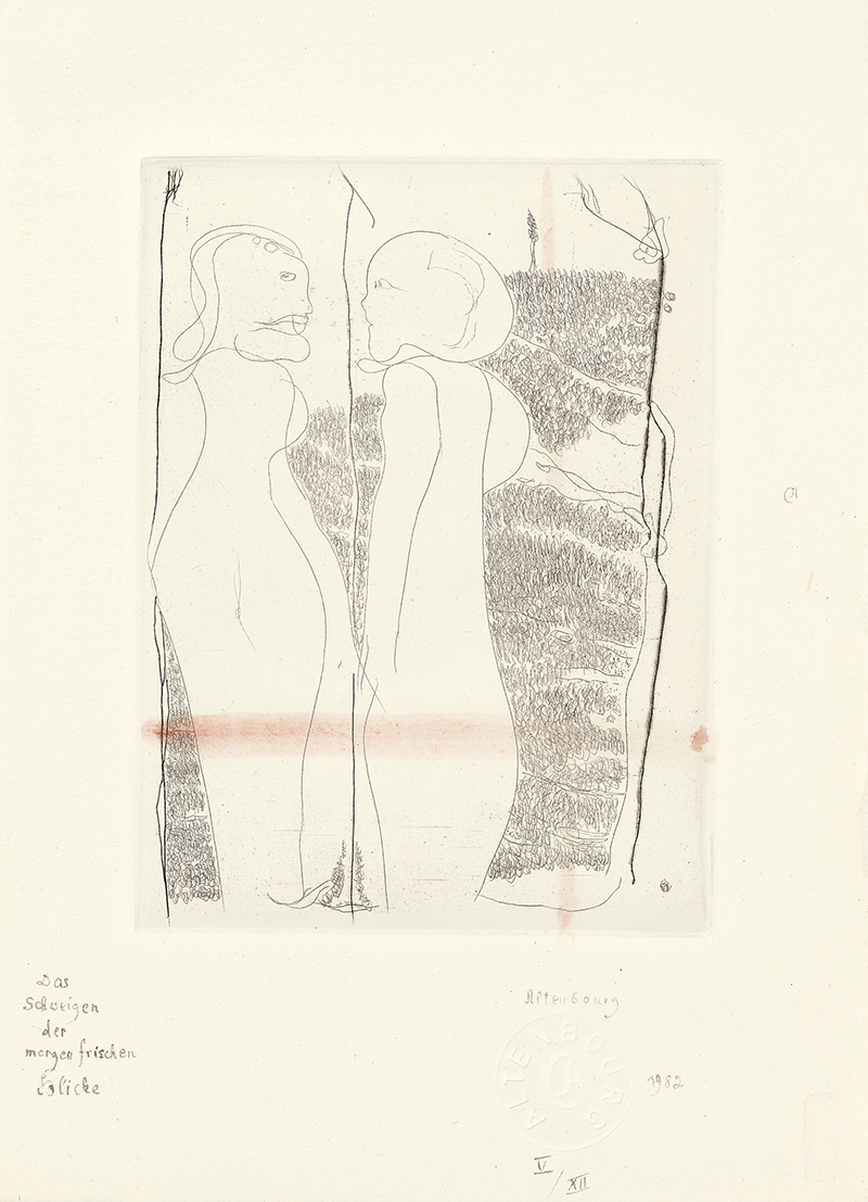 Gerhard Altenbourg: Das Schweigen der morgenfrischen Blicke, Aus der Kassette Altenbourg in Clara Mosch, 1982, Klischeehanddruck nach Radierung, 21,5 x 15,5 cm, Privatbesitz, Chemnitz
