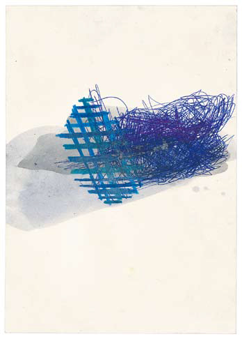 Thomas Müller: o.T., 2010, Farbstift, Kugelschreiber, Acrylfarbe auf Papier, 29,7 x 21 cm