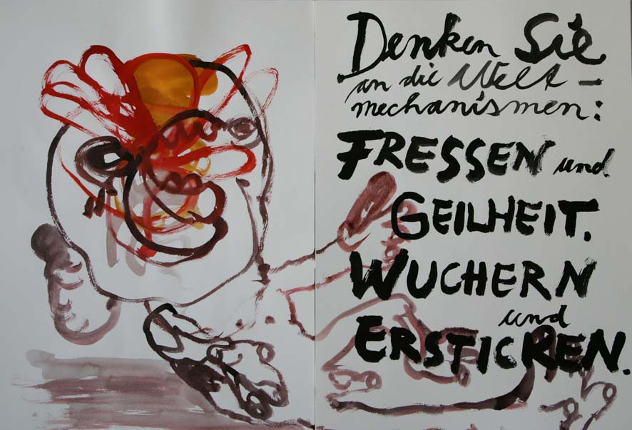 Klaus Zylla: Der umgestülpte Mastdarm des Teufels, 2010, Unikatbuch, 36 Seiten, Mischtechnik auf Bütten, 60 x 43 cm