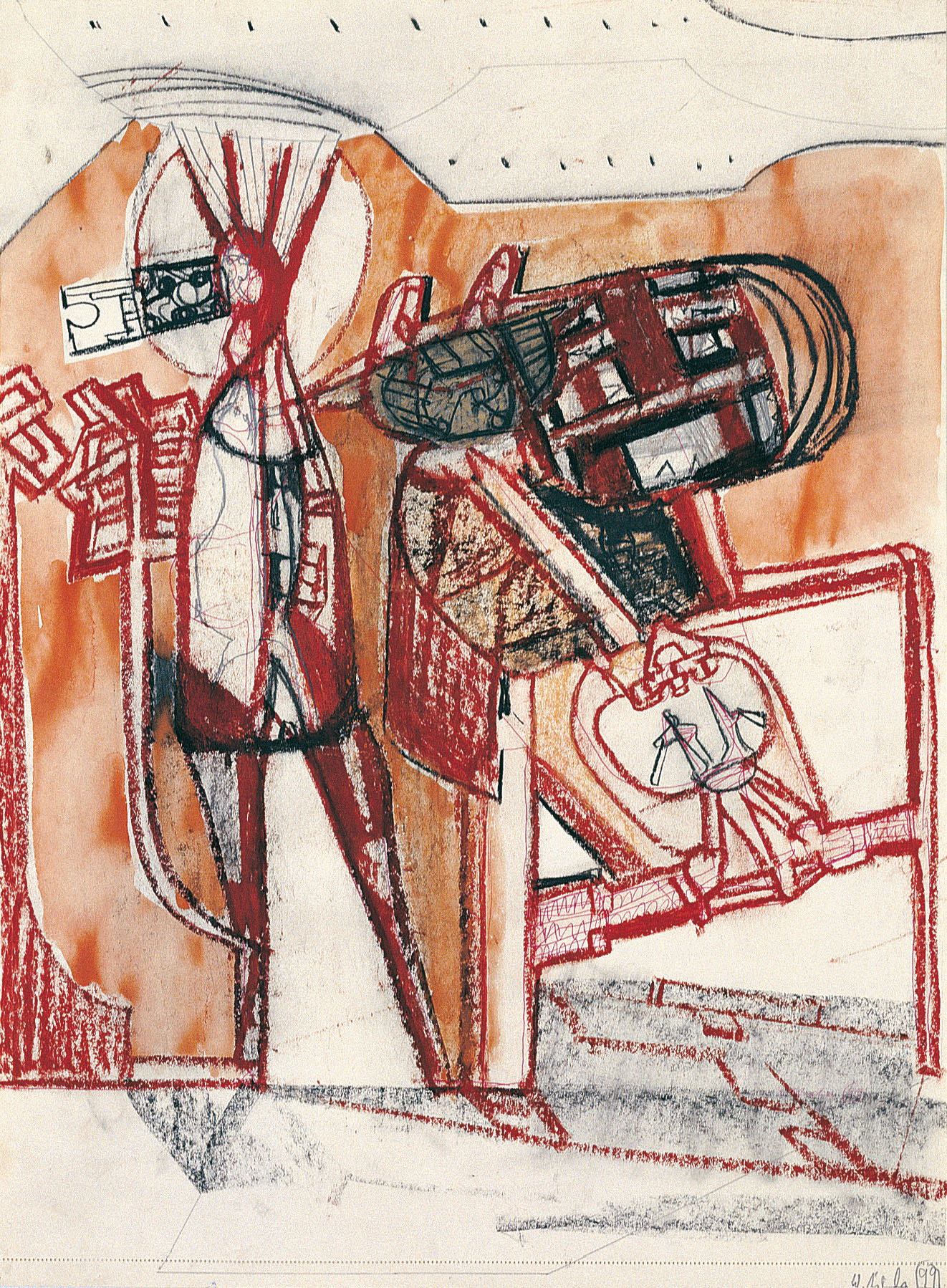 Walter Libuda: Überblicker II · 1999 · Mischtechnik auf Papier · 56,9 x 42 cm (Privatbesitz)