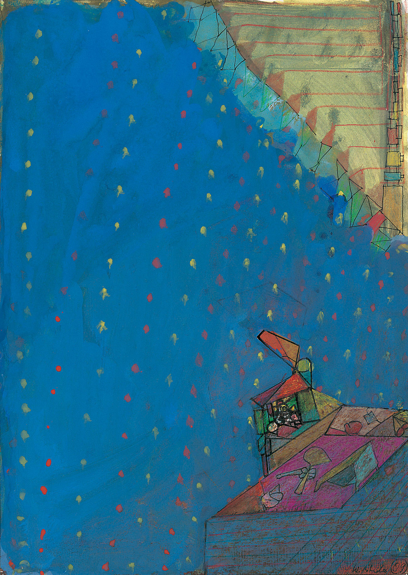Walter Libuda: Schlucht, blau, mit gelben und roten Punkten · 2009 Mischtechnik auf Papier · 41,7 x 29,5 cm (Privatbesitz)