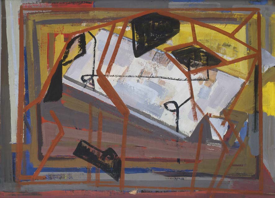 Manfred Zoller: Halbtrauer (zu Arno Schmidt „Kühe in Halbtrauer“), 1990/91, Tempera auf Hartfaser, 61 x 81 cm