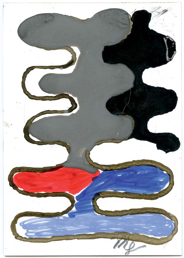 Marlene Gaßmann: Mehr-Blatt, 2008, Tusche, Filzstift, Gouache auf Papier, 14,8 x 10,5 cm