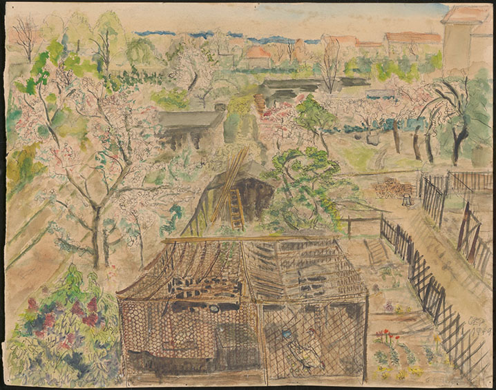 Charlotte E. Pauly: Hof in Berlin Friedrichshagen, 1949, Wasserfarben, 39,8 x 50,7 cm