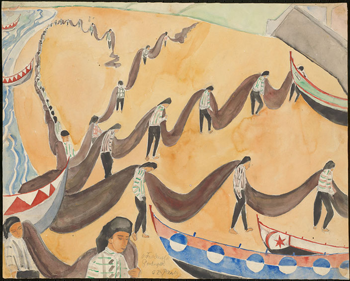 Charlotte E. Pauly: Fischer mit Netzen am Strand von Nazaré, 1930, Wasserfarben, 44 x 55 cm