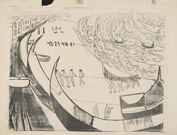 Charlotte E. Pauly: Strand und Hafen von Nazaré · 1959 · Lithographie · 48,0 x 62,5 cm