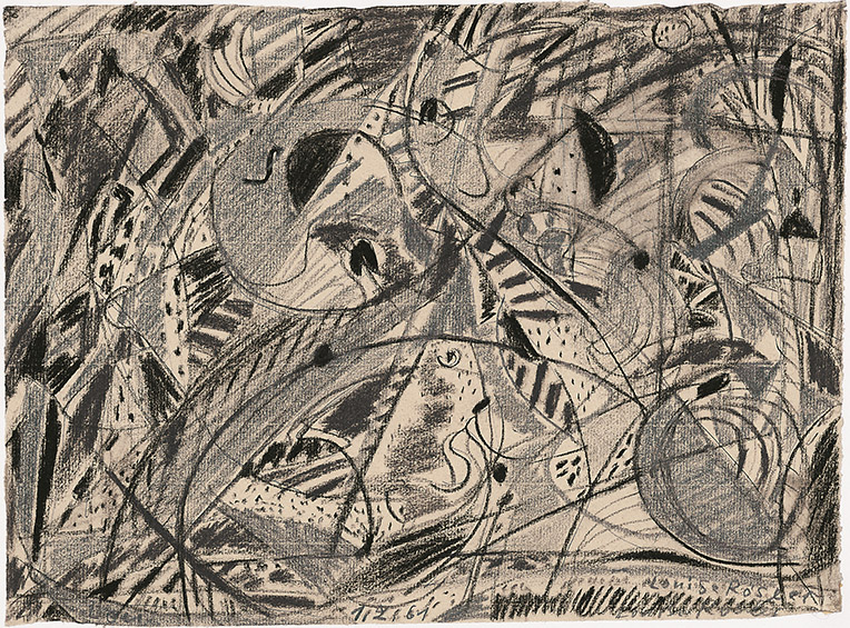Louise Rösler: Figuren im Park · 1961 · Bleistift und Carbon auf Papier · 26,5 x 35,5 cm