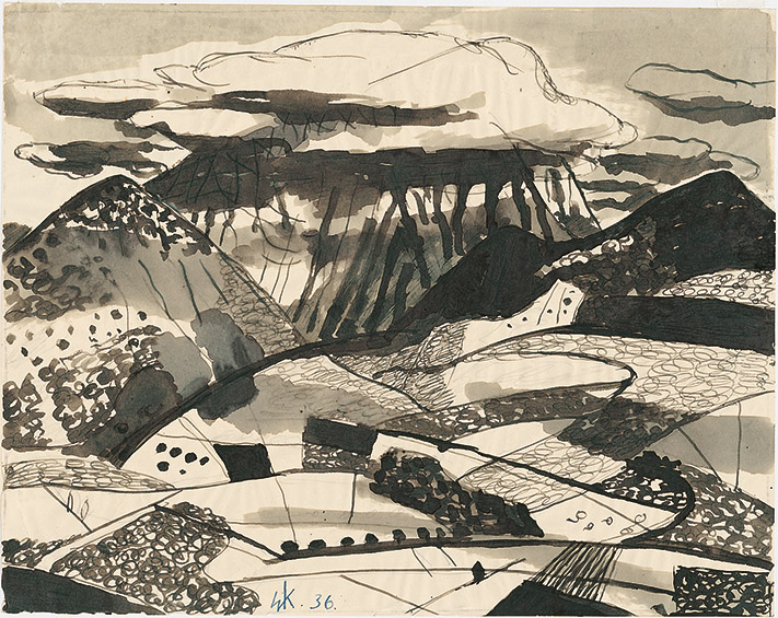 Walter Kröhnke: Bewölkte Landschaft · 1936 · Tinte auf Papier · 22 x 28 cm