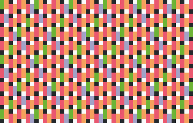 Horst Bartnig: 207 Unterbrechungen - Quadrate in Schwarz, 207 Rechtecke in Grün und Orange, 198 Unterbrechungen - Quadrate in Weiß, 198 Rechtecke in Rot und Violett ∙ 2013 ∙ Acryl auf Leinwand