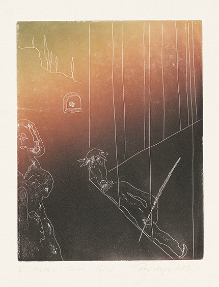 Xago Schroeder · Halber Tasso · 1979 · Farbhochdruck von radierter Platte · 16 x 12,5 cm