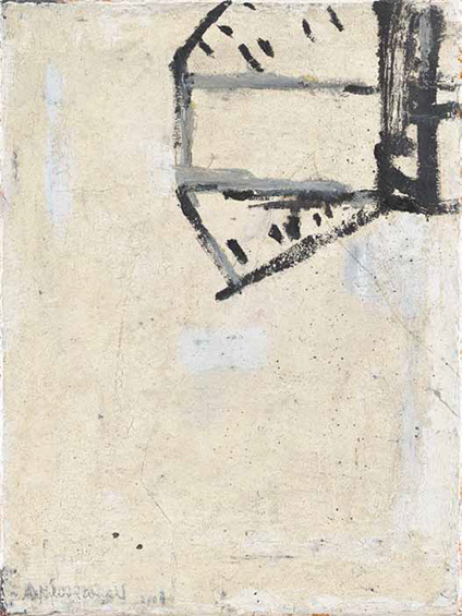 Achim Niemann: Zeichen oben rechts · 2004 · Spachtelmasse, Öl auf Leinwand · 40 x 30 cm