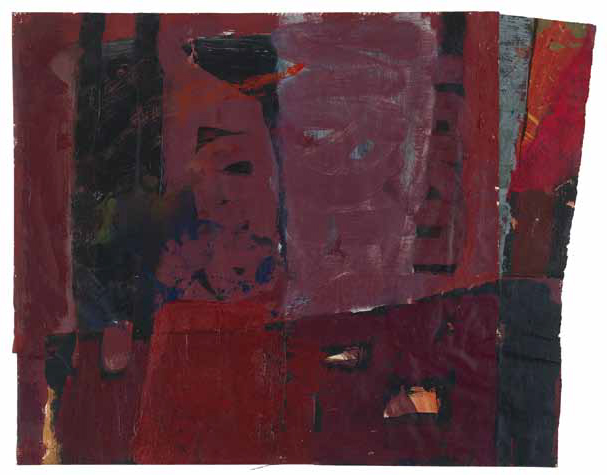 Martin Seidemann: Ohne Titel (Rotes Blatt) · 2014 · Öl auf Papier, collagiert · 49,5 x 39,5 cm