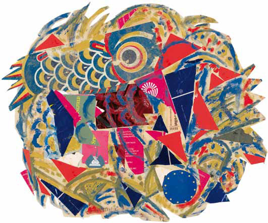 Louise Rösler: Vehemente rotblaue Form · 1992 · Collage und Öl auf Papier · 48 x 58 cm