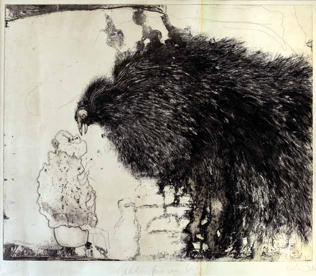 Michael Diller: Alles für die Katz · um 1985 · Radierung auf Papier · 49 x 59 cm / 84,5 x 91,5 cm