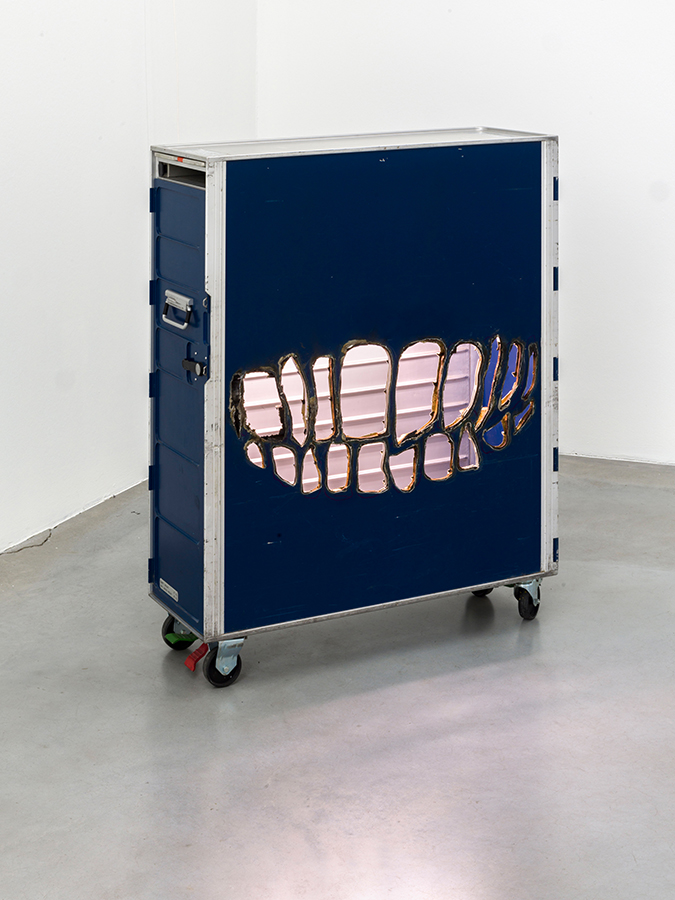 Felix Kultau: The Future Smiled Bright (Trolley), 2023, Bord-Trolley, Leuchtmittel, 103 x 81 x 30,5 cm