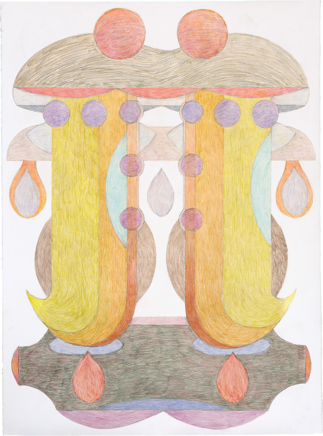 Laura Bruce, »Goldilocks« (aus der Reihe »The Droplet Machine«), 2024, Buntstift und Graphit auf Papier, 155 x 114 cm
