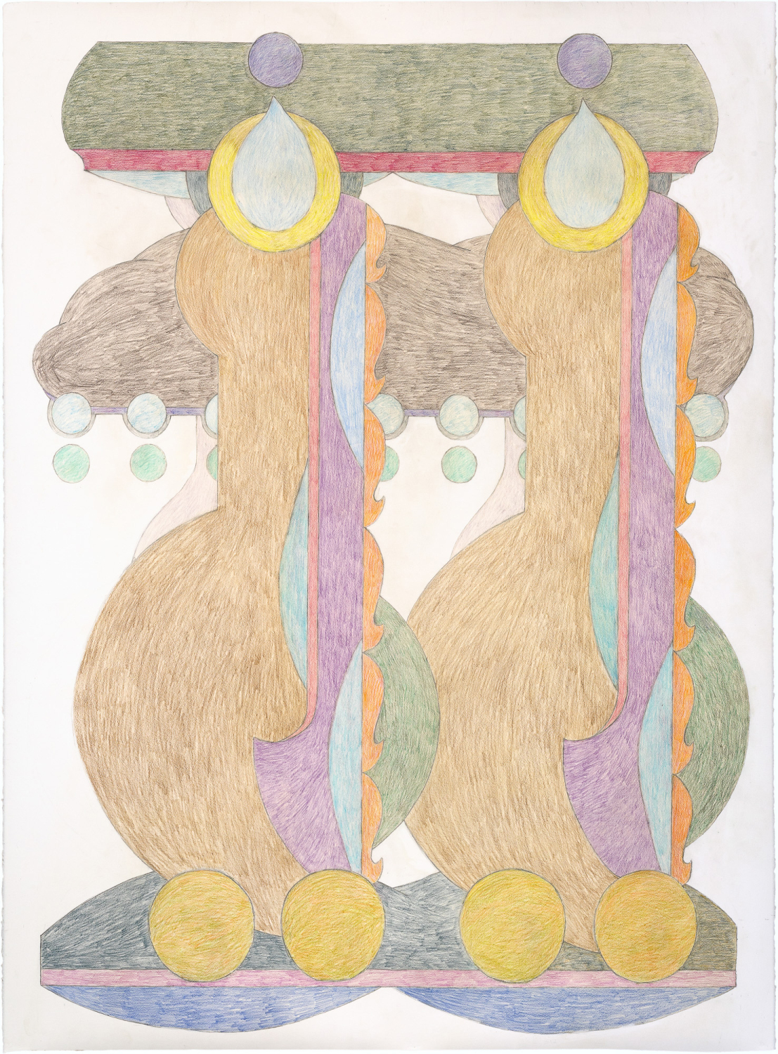 Laura Bruce, »Curls« (aus der Reihe »The Droplet Machine«), 2024, Buntstift und Graphit auf Papier, 155 x 114 cm