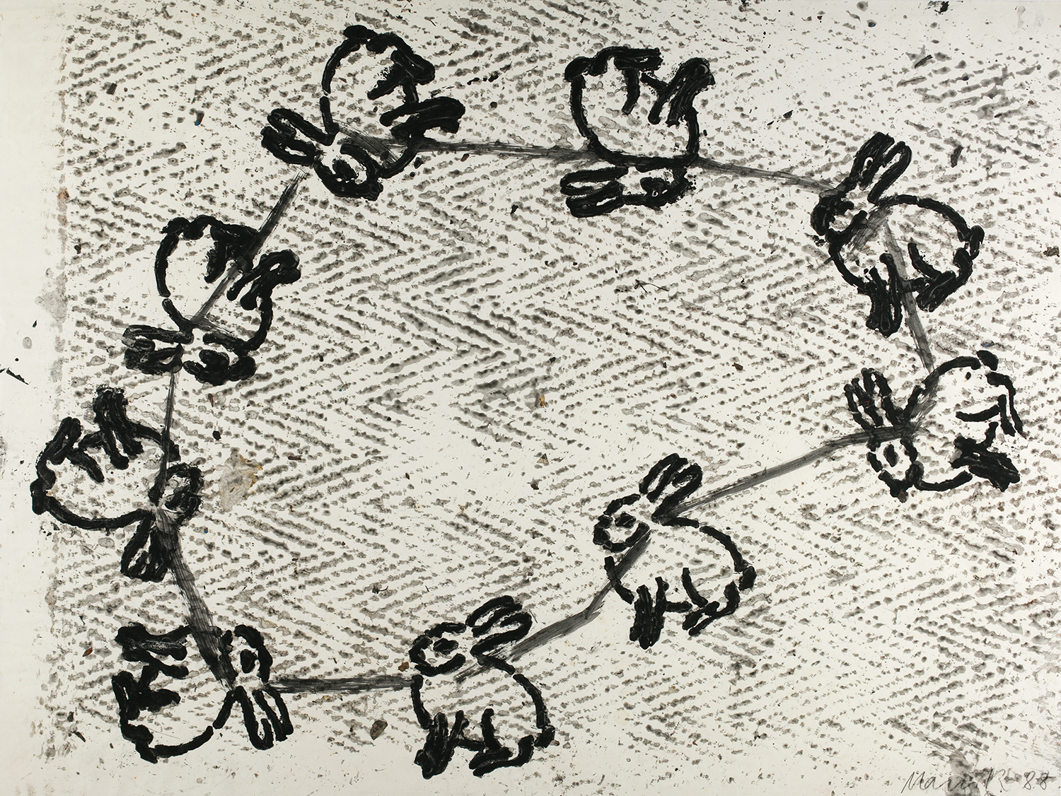 Oskar Manigk, Hasen an der Leine, 1988, Mischtechnik auf Zeichenpapier, 75 x 100 cm