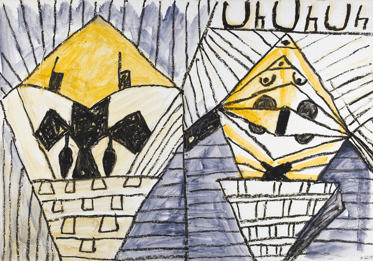 Oskar Manigk, Zwei Uhus, 2001, Mischtechnik auf Karton, 70 x 100 cm