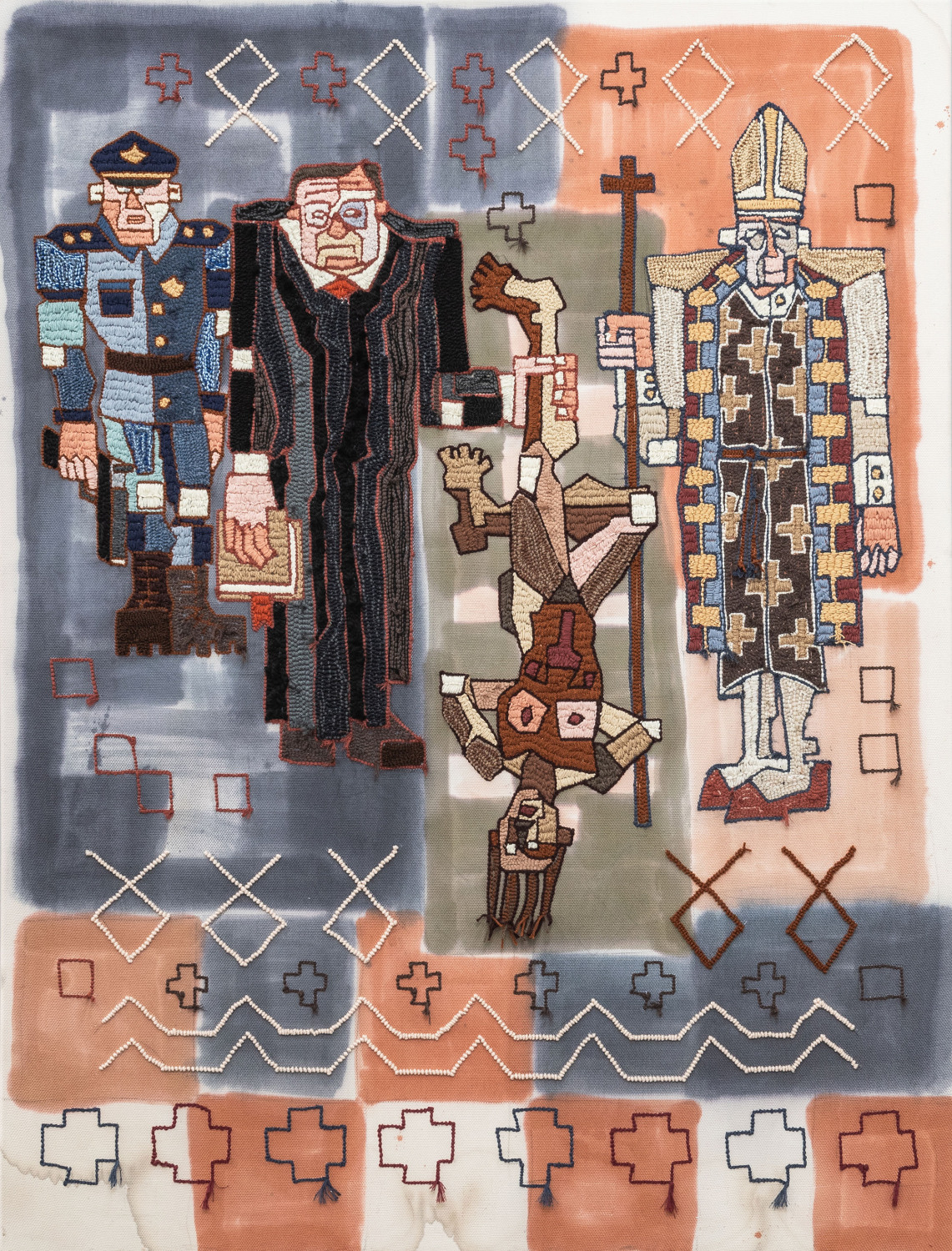 Lillian Morrissey, Roe v Wade Overturned (Big Men make a sacrifice to appease their God), 2023, Stickerei und Mixed Media auf Panama-Baumwolle