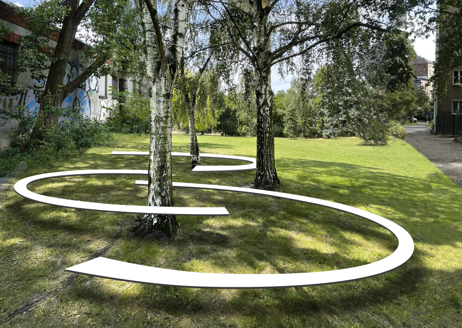 Entwurf „Space on Earth“ von Heike Ponwitz, Kunstwettbewerb Temporärer Schulstandort Thulestraße, Auslober: Bezirksamt Pankow von Berlin, 2023