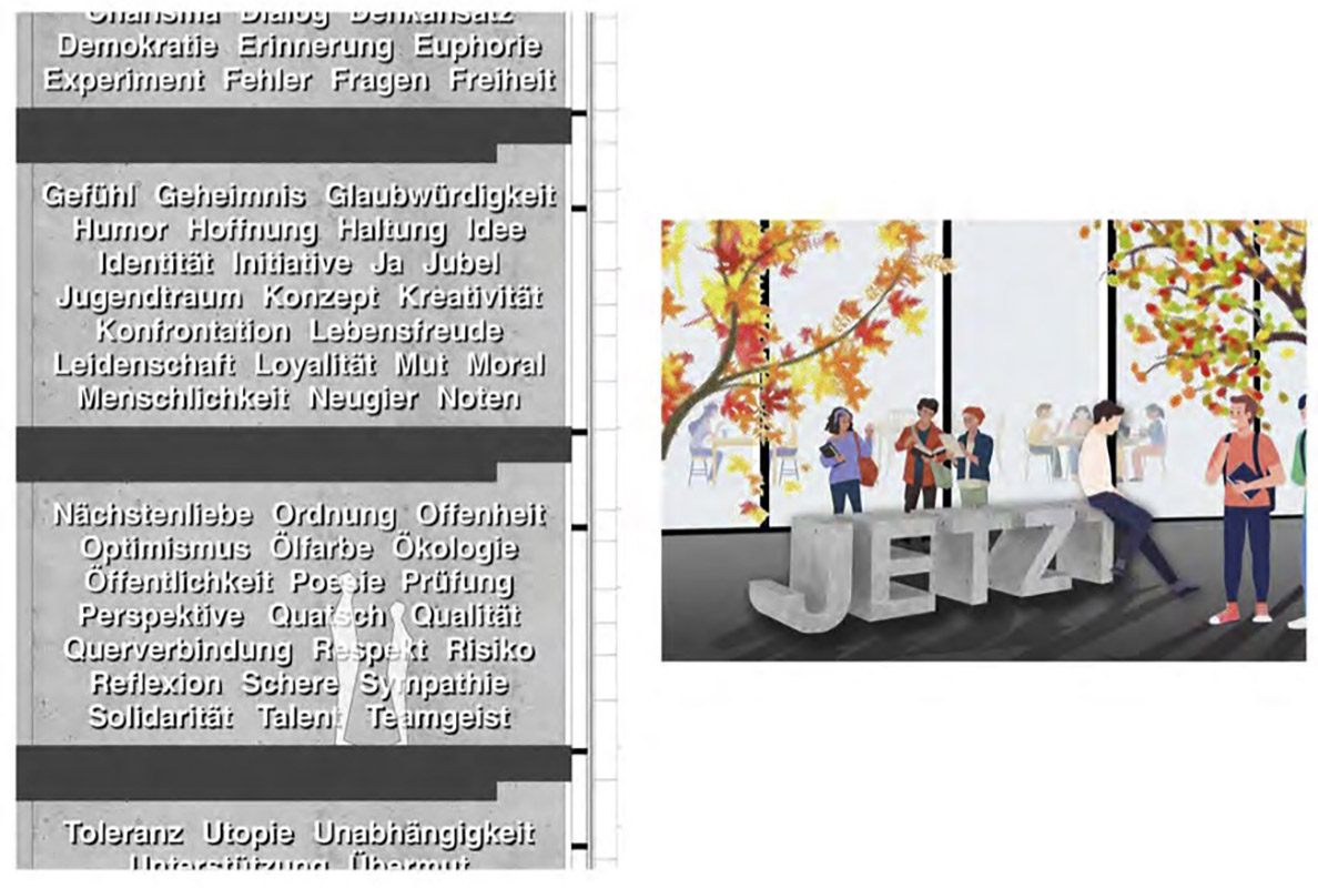 Entwurf „O.T. (Wörter)“ von Käthe Kruse, Kunstwettbewerb Gustave-Eiffel-Schule, Auslober: Bezirksamt Pankow von Berlin, 2025
