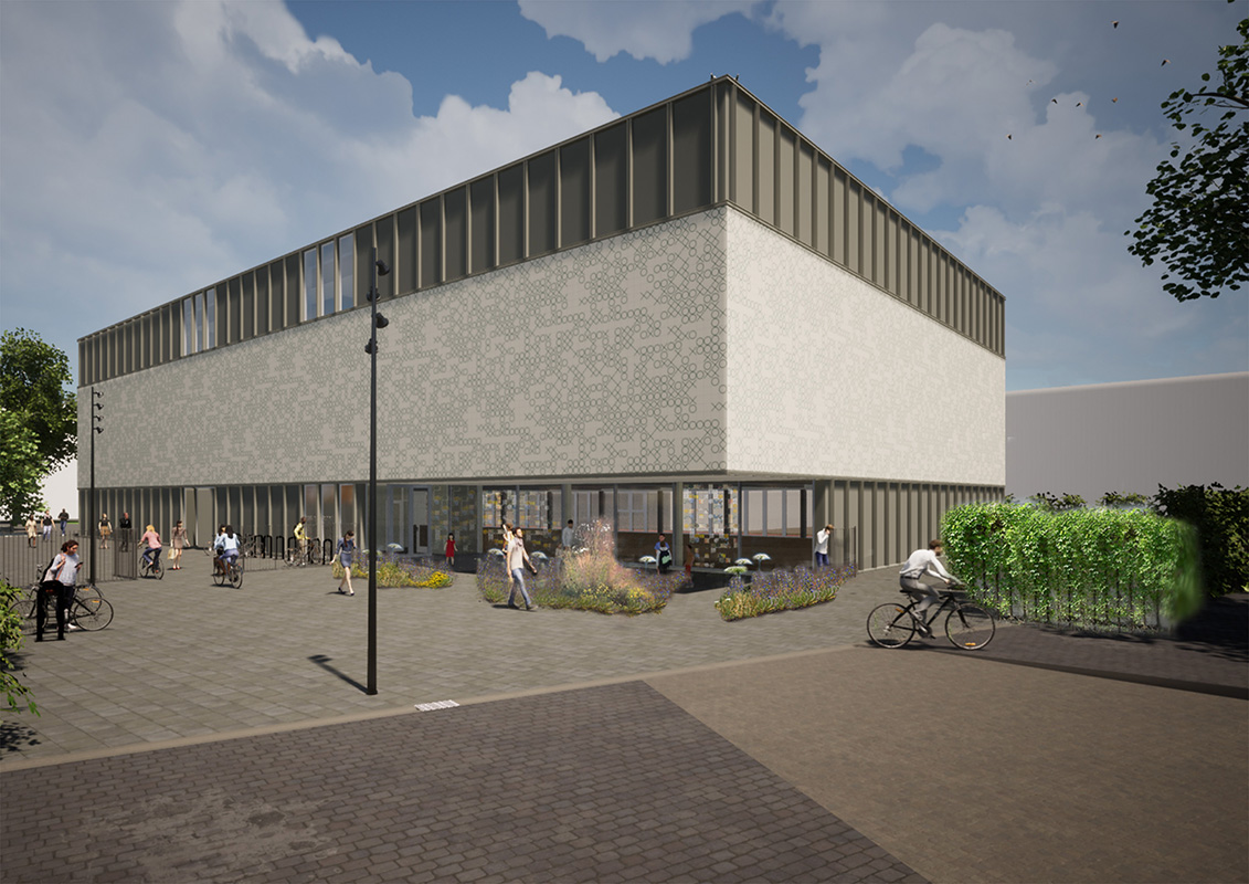 Entwurf „Ornament aus Partizipation – Zugang: für Schülerarbeiten an den Glasfassaden und Pflanzen im Pflaster“ von Inga Kerber, Kunstwettbewerb Reinhold-Burger-Schule, Auslober: Bezirksamt Pankow von Berlin, 2025