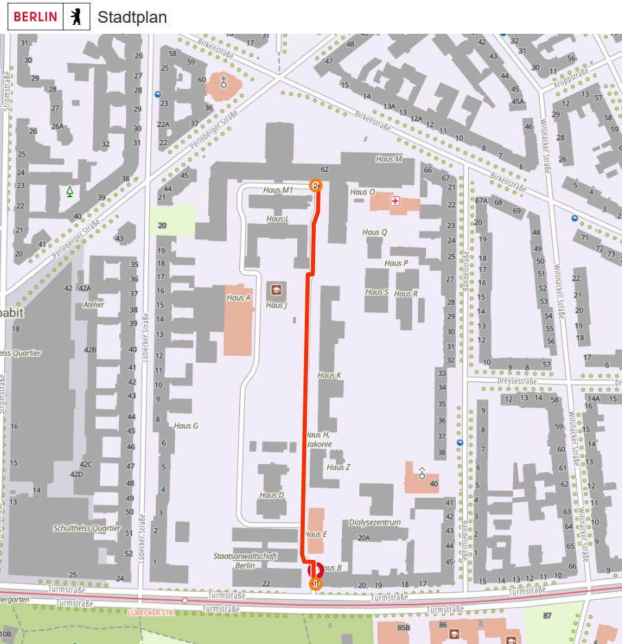 Bild vom der Webseite Stadtplan Berlin. Eingezeichnete Route von Turmstr. 21 zum Haus M