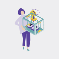 Grafik mit einer Frau, die eine 3D-Drucker trägt
