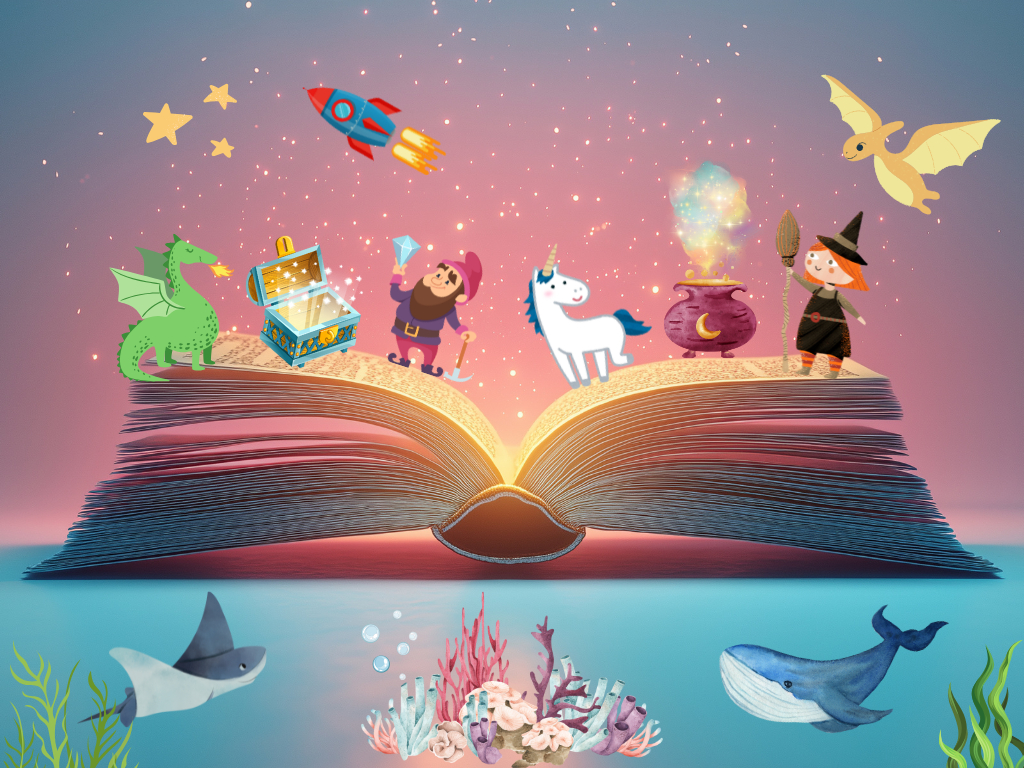 Aufgeklapptes, glitzerndes Buch. Auf dem Buch stehen ein Drache, ein Zwerg, ein Einhorn und eine Hexe. Im Himmel über dem Buch fliegen eine Rakete und ein Drachen, im Meer unter dem Buch schwimmt ein Rochen und ein Wal
