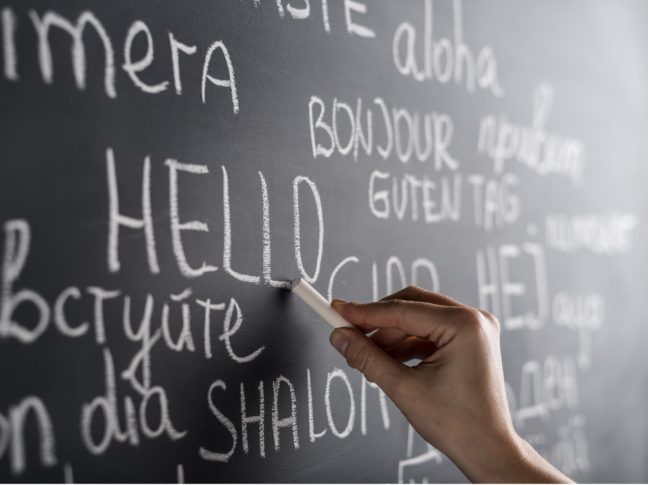 Tafel mit „Guten Tag“ in mehreren Sprachen mit Kreide geschrieben