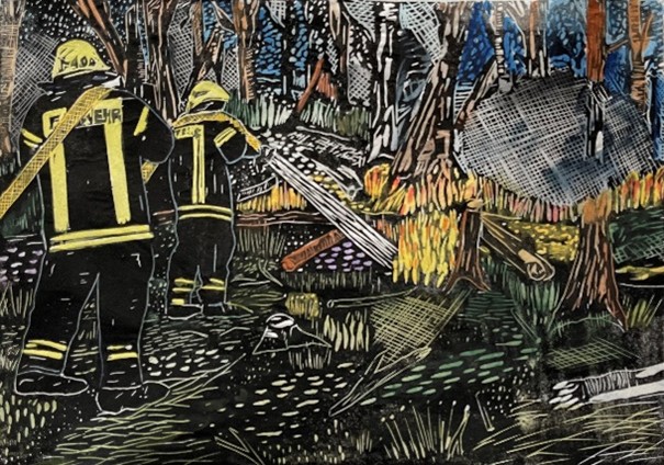 kolorierter Linoleumstich von Feuerwehrleuten im Einsatz