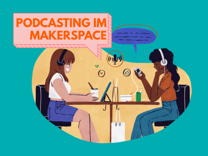 Illustration mit zwei Personen, die an einem Tisch sitzen und sich über Podcasting im Makerspace austauschen.