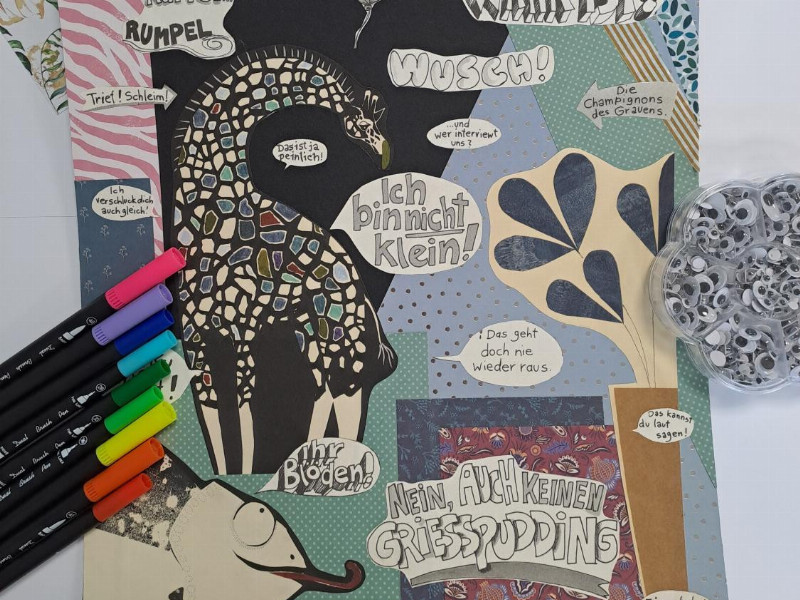 Gebastelte Collage mit Tierbildern und Sprechblasen