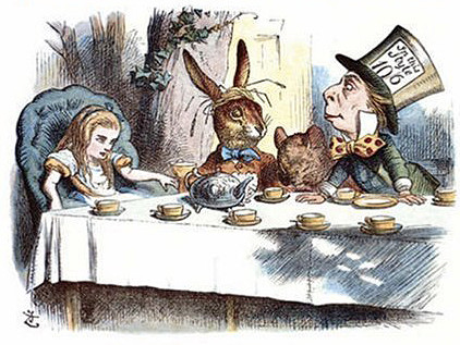 Malerei von Alice, dem Hasen und dem Hutmacher an einem Teetisch, aus Alice im Wunderland