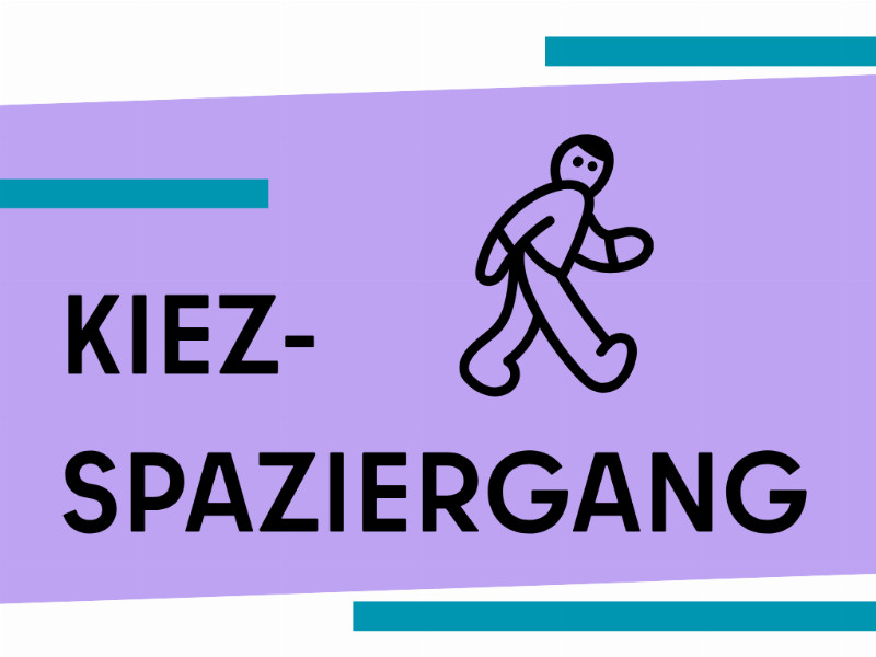 Kiez-Spaziergang auf lila-blauem Hintergrund mit laufender Figur