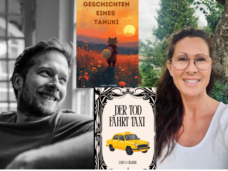 Fotos von Giuliana Jakobeit & Konrad Bösherz und Buchcover: Geschichten eines Tanuki und Der Tod fährt Taxi von Lars A. Cramer