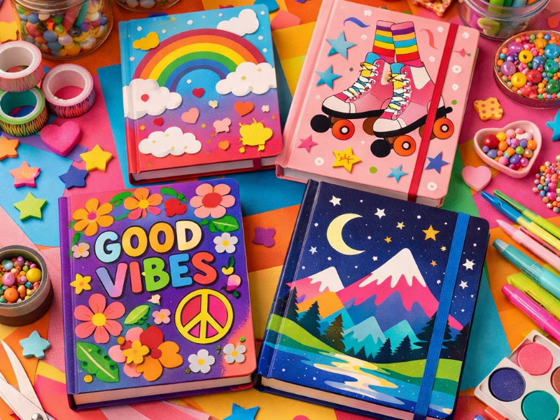 4 dekorierte Notizbücher mit liegen auf einem Tisch. Eines mit Regenbogen, eines mit Bergen, eines MIt Rollschuhen, eines mit der Aufschrift "Good Vibes". 