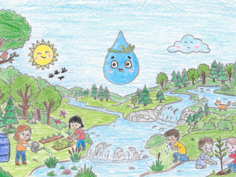 Bunte Kinderzeichnung einer Landschaft mit Fluss, Bäumen, Sonne, Wolke, lachendem Wassertropfen und Kindern, die Pflanzen gießen und am Fluss spielen.