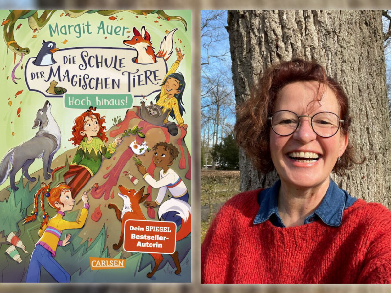 Autorin Margit Auer mit Cover ihres Buchs "Die Schule der Magischen Tiere"