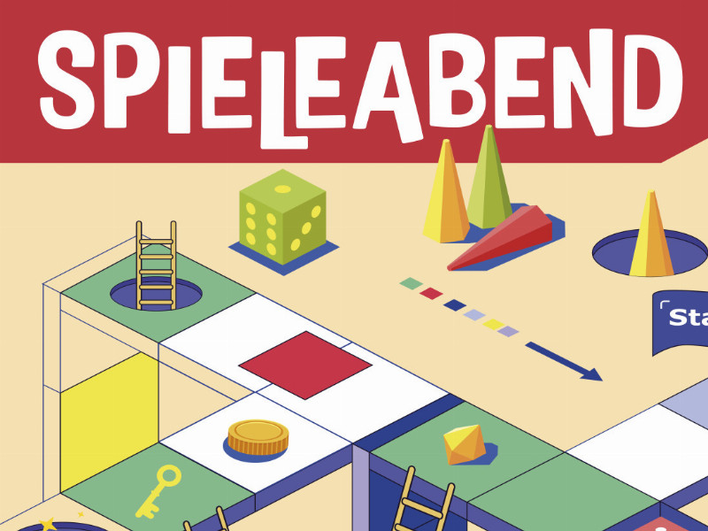 Schriftzug "Spieleabend" mit Grafik aus verschiedenen Spielen