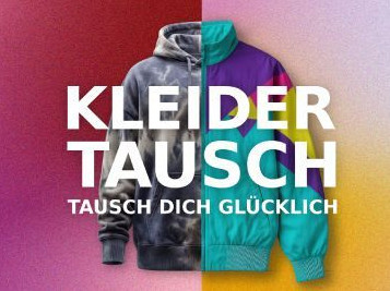 Text "Kleidertausch - Tausch dich glücklich über Collage von halb Pullover und Halb Jacke